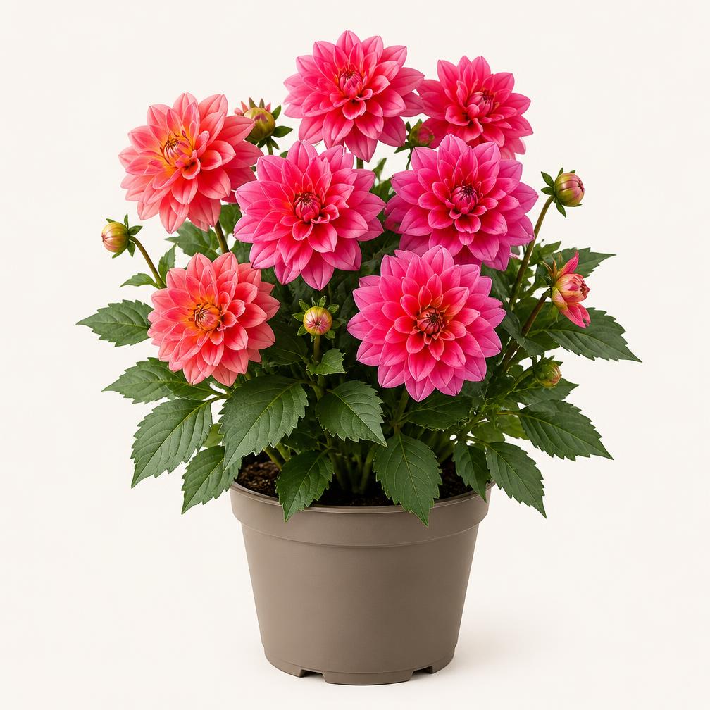 Dahlia i potte med pink og koralfarvede blomster